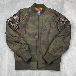 American Rag Bomber Jacket Mens Small Green Camo New York Patch USA Orange Lined